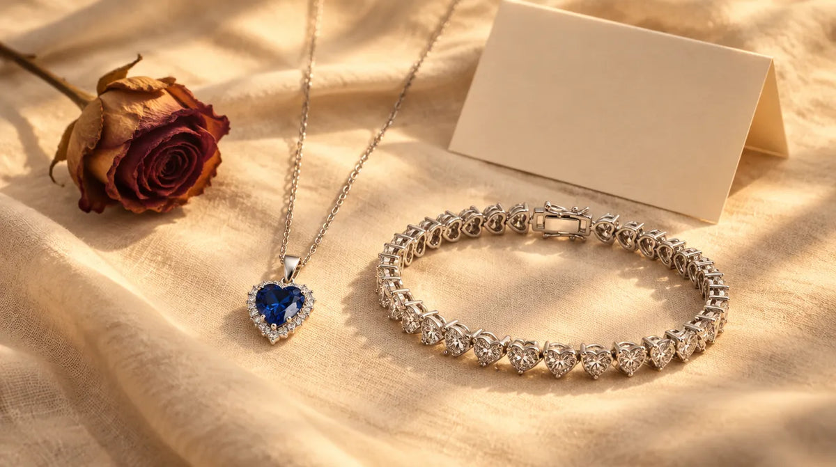 Silver heart necklace and heart bracelet with a blank card and a dried rose