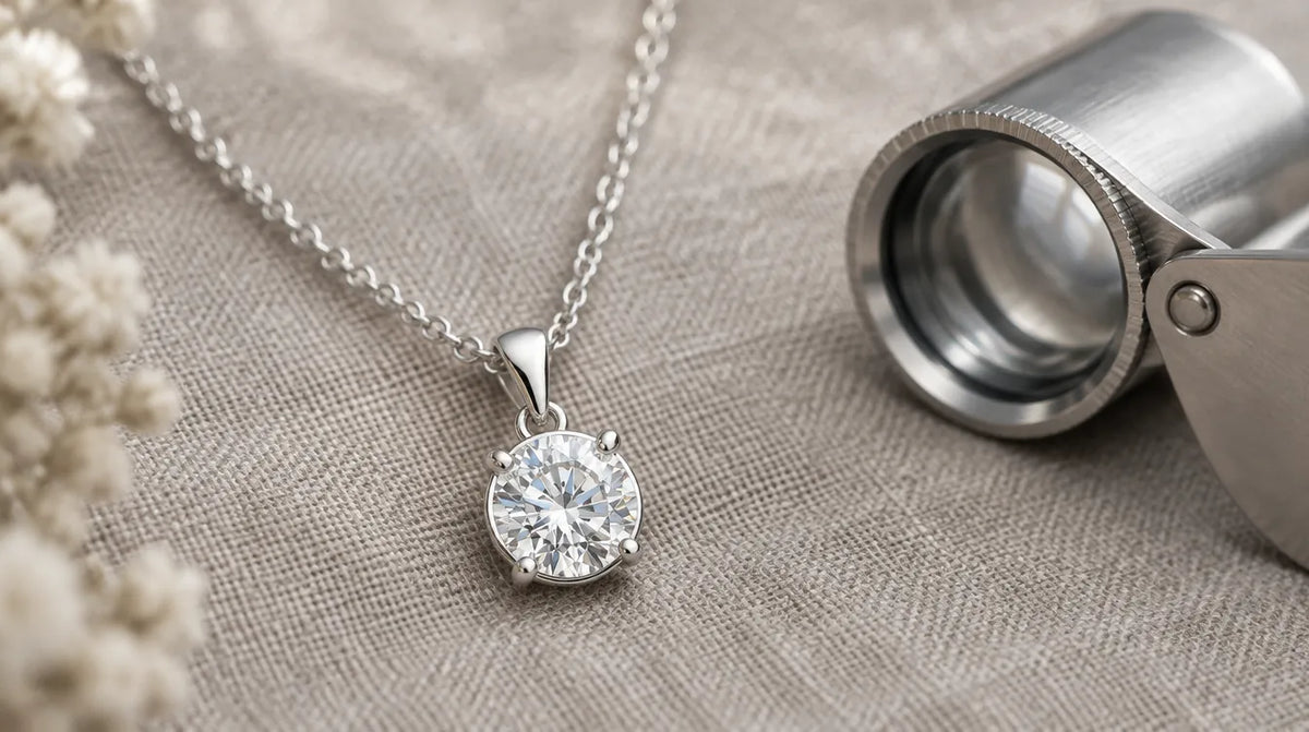 Sterling silver solitaire pendant beside a jeweller's loupe on linen