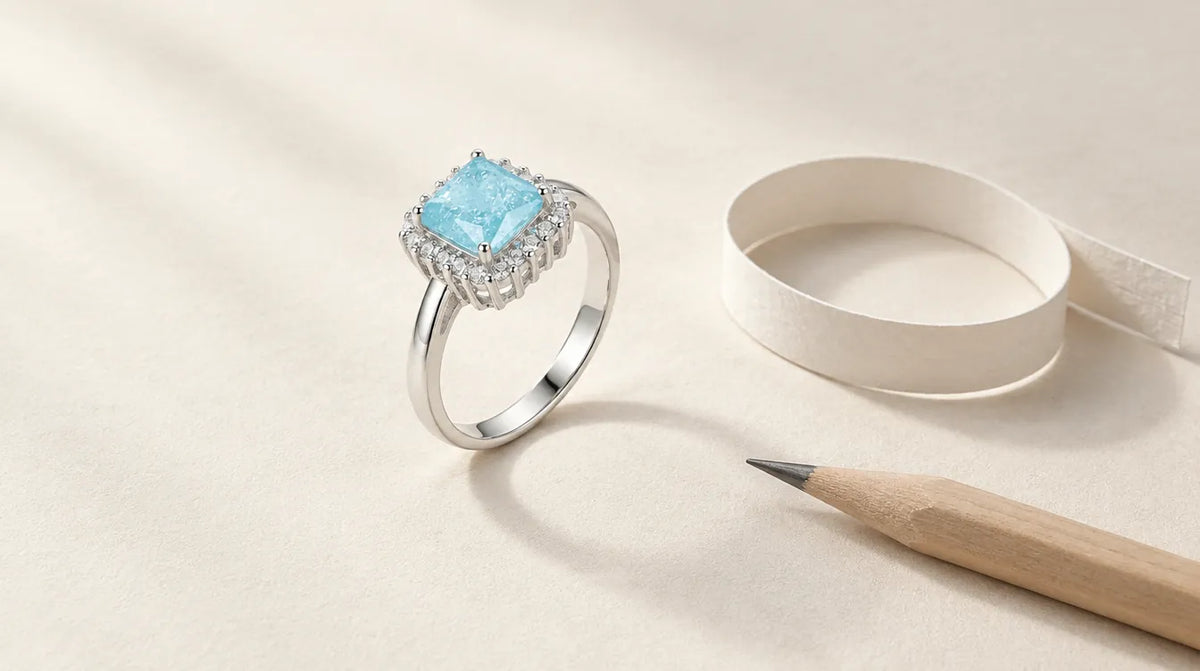 Silver ring with a blue stone beside a paper strip and pencil for measuring ring size