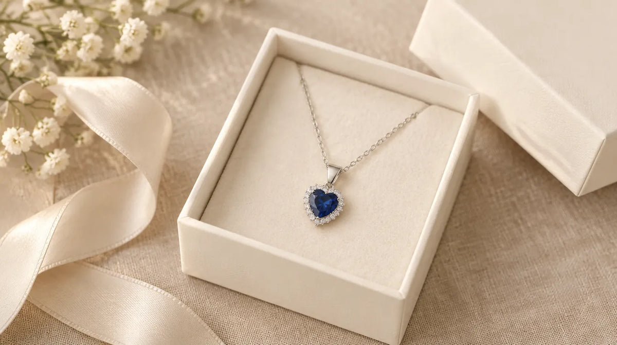 Silver heart pendant necklace in an open ivory gift box